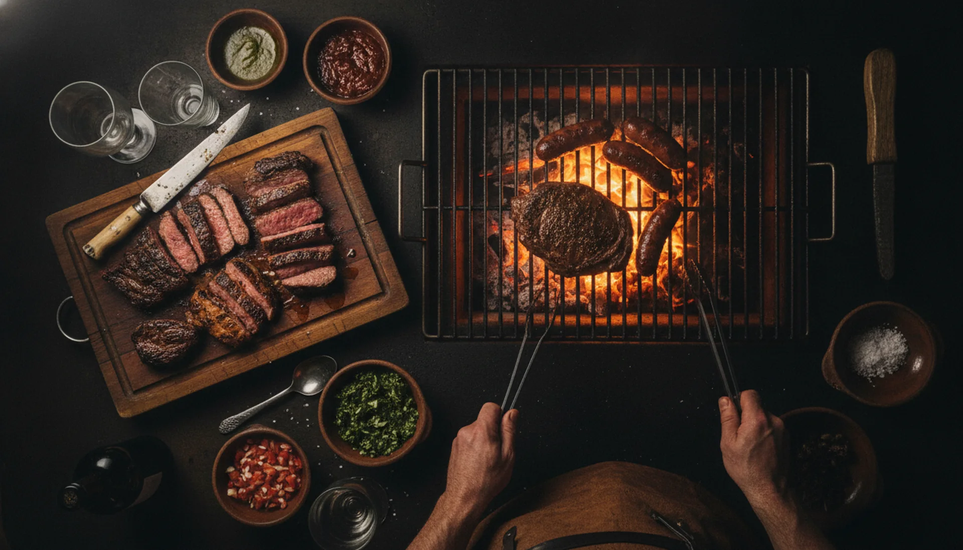 Asado argentino con cuchillo criollo en tabla de madera